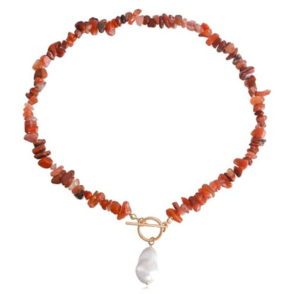 Bohemian Stone Pearl Choker Necklace for Women Dainty Natural Irregular Stone Choker Turquoise Beaded Lariat Necklace Simple Fashion OT Toggle Spiritual Handmade Jewelry - color: Red