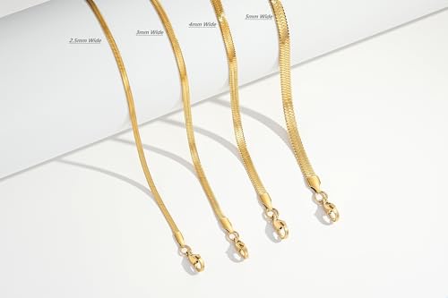 FOSIR Herringbone Necklace for Women, 14K Gold Plated/Silver/Black Choker Necklace, Dainty Surgical Stainless Steel Snake Chain for Women, 2.3mm/3mm/4mm/5mm Width - color: Gold, style: 3.0mm/14 Inch