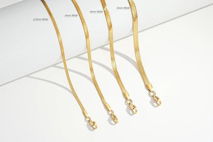 FOSIR Herringbone Necklace for Women, 14K Gold Plated/Silver/Black Choker Necklace, Dainty Surgical Stainless Steel Snake Chain for Women, 2.3mm/3mm/4mm/5mm Width - color: Gold, style: 3.0mm/14 Inch
