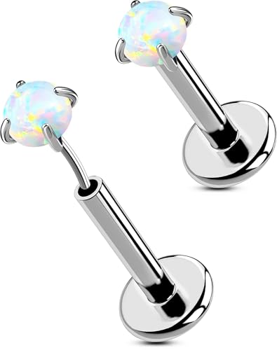 OUFER 2PCS 16G/20G Nose Lip Studs, G23 Solid Titanium Threadless Push in Nose Nostril Lip Labret Medusa Monroe Helix Cartilage Tragus Conch Lobe Piercing Jewelry for Women Men - color: Silver bar, Claw Opal, size: 2pcs, 16g 6mm, 2.5mm Opal