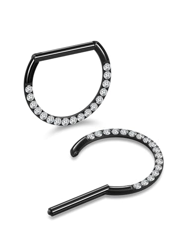 Oveta Titanium D Shaped Nipple Rings 14G for Nipple Piercing Jewelry Higned Segment Clicker Cartilage Hoop Earring 12mm 14mm 16mm for Women Men, Silver/Gold/Black, 2PCS - color: Black, size: 12mm Bar,CZ
