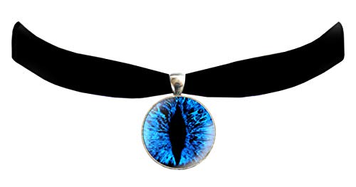 Victorian Vault Cat Dragon Eye Black Velvet Choker Steampunk Gothic Pendant Necklace - color: Blue