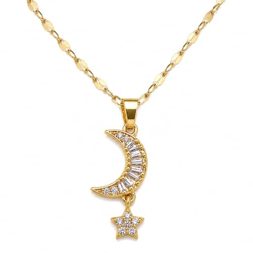 14K Gold Plated Stainless Steel Moon and Star Necklace | Dainty Celestial Crescent Pendant, Cubic Zirconia, Minimalist Boho, For Women, 15.4"+2" Adjustable