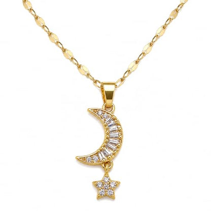 14K Gold Plated Stainless Steel Moon and Star Necklace | Dainty Celestial Crescent Pendant, Cubic Zirconia, Minimalist Boho, For Women, 15.4"+2" Adjustable