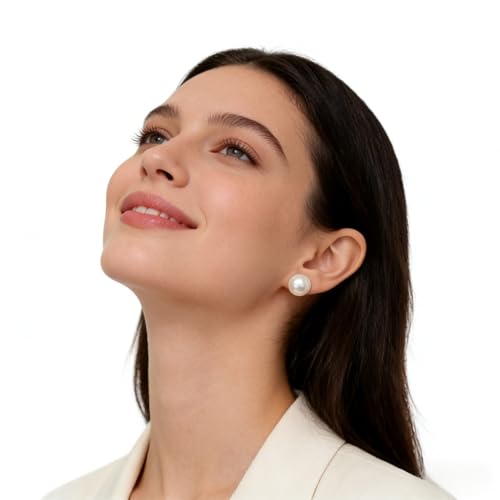 White Faux Pearl Stud Earrings, S925 Silver Posts Hypoallergenic for Women - color: Creamy White, size: 14mm