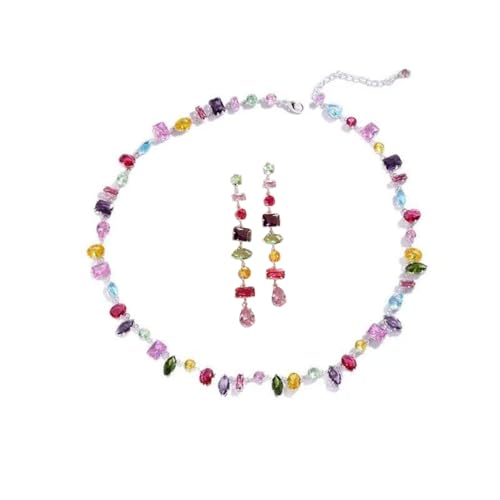 Silver Plated Rainbow Crystal Necklace, Sparkly Cubic Zirconia Rhinestone Multicolor Chain Choker Bracelet Earring Jewelry Set - style: Necklace+Earrings