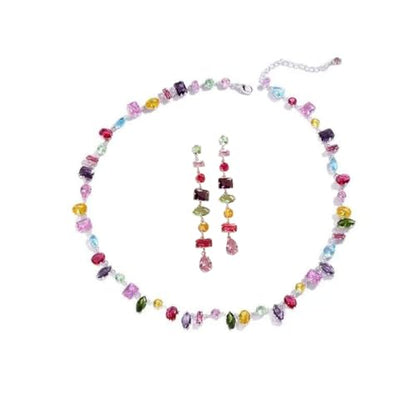 Silver Plated Rainbow Crystal Necklace, Sparkly Cubic Zirconia Rhinestone Multicolor Chain Choker Bracelet Earring Jewelry Set - style: Necklace+Earrings