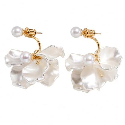 White Petal Pearl Drop Earrings for Women, Irregular Shell Flower Dangle Earrings with Gold Hoop, Elegant Statement Jewelry for Wedding Party