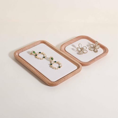 velvet Jewelry organizer tray, Beech wood Jewelry Display Plate, Beige Jewelry Viewing Tray, Jewelry showcase tray for Necklace Bracelet Ring Earring stand holder (Cream-Medium,7.1x 5.1 in) - size: Medium