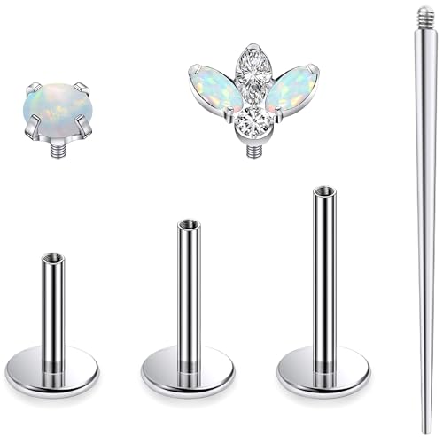 Titanium Flat Back Lip Rings Internally Threaded Earrings Studs Nose Rings 16G Opal CZ Tragus Cartilage Lobe Rook Helix Conch Labret Medusa Piercing Jewelry for Women Men W Piercing Taper Set - style: Four Opal
