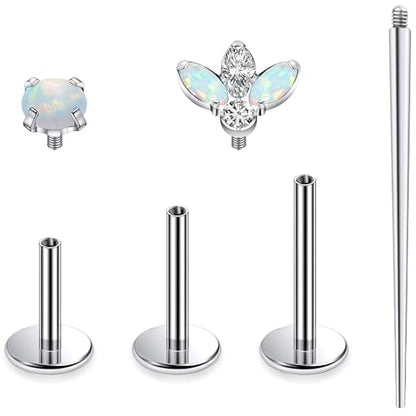 Titanium Flat Back Lip Rings Internally Threaded Earrings Studs Nose Rings 16G Opal CZ Tragus Cartilage Lobe Rook Helix Conch Labret Medusa Piercing Jewelry for Women Men W Piercing Taper Set - style: Four Opal