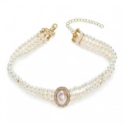 Pearl choker necklaces for women, 3 Row Faux Pearl Necklace Choker with Crystal Rhinestone Centerpiece, Vintage Layered Statement Collar for Wedding Party Evening Costume Jewelry