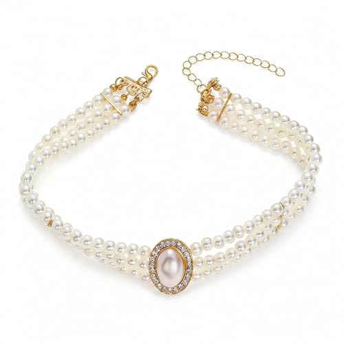 Pearl choker necklaces for women, 3 Row Faux Pearl Necklace Choker with Crystal Rhinestone Centerpiece, Vintage Layered Statement Collar for Wedding Party Evening Costume Jewelry