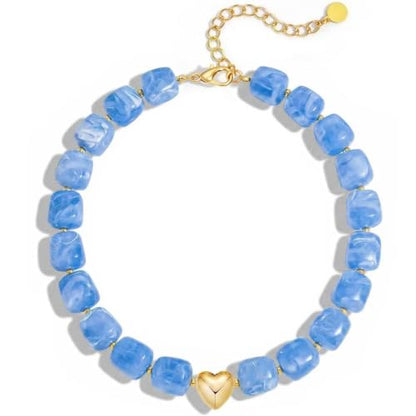 Multicolor Beaded Necklace,Chunky Cube Beaded Statement Necklace, Boho Resin Choker Necklace for Women,Lightweight & Cool, Suitable for Beach, Vacation, Daily Wear & Summer Parties - color: Lake Blue-Heart