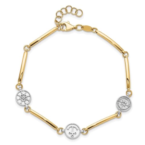 Diamond2Deal 14K Two-tone Gold Polished Compass/Anchor/Ships Wheel Bracelet 7" Plus 1 inch Ext.
