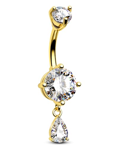 Belly Button Ring Dangle Belly Rings 316L Surgical Steel Belly Button Piercing Jewelry Teardrop Navel Ring for Women - color: Gold-CLCZ-16mm