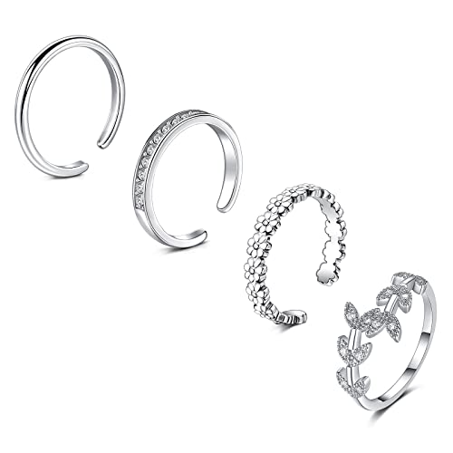 JFORYOU Toe Rings for Women Adjustable Open Toe Rings with Anklet Set CZ Flower Toes Ring for Summer Beach Foot Jewelry - color: 4pcs-silver toe rings