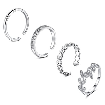 JFORYOU Toe Rings for Women Adjustable Open Toe Rings with Anklet Set CZ Flower Toes Ring for Summer Beach Foot Jewelry - color: 4pcs-silver toe rings