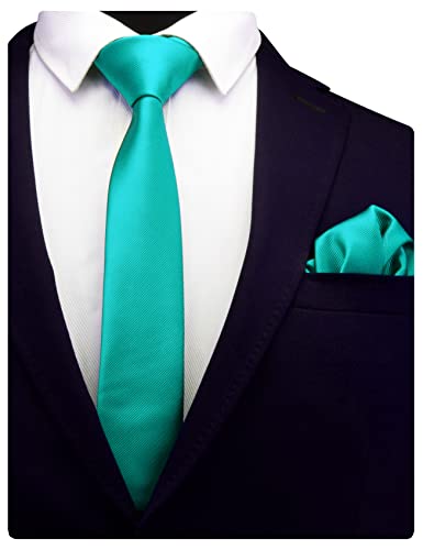 GUSLESON 2.4" Slim Necktie and Handkerchief Set For Men Solid Skinny Tie Set - color: Aqua