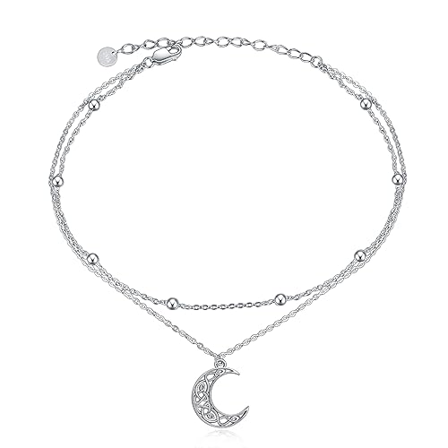 925 Sterling Silver Cat Butterfly Anklets Double Layered Chain for Birthday Women Ankle Bracelet Summer Beach Dainty Jewelry - style: G-Moon Anklet