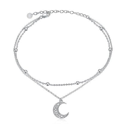 925 Sterling Silver Cat Butterfly Anklets Double Layered Chain for Birthday Women Ankle Bracelet Summer Beach Dainty Jewelry - style: G-Moon Anklet