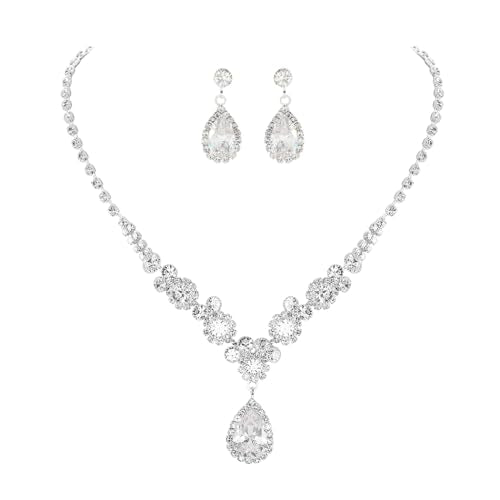 Unicra Bride Silver Bridal Necklace Earrings Set Crystal Bridal Wedding Jewelry Set Rhinestone Choker Necklace for Women and Brides - color: Silver