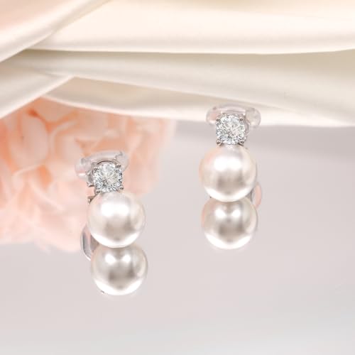 Awinesn Pearl Clip on Earrings for Women 14K Gold Silver Plated Pearl Earrings Cubic Zirconia Non Pierced Earrings for Women Jewelry Gifts Wedding Party - color: CZ-silver-12mm