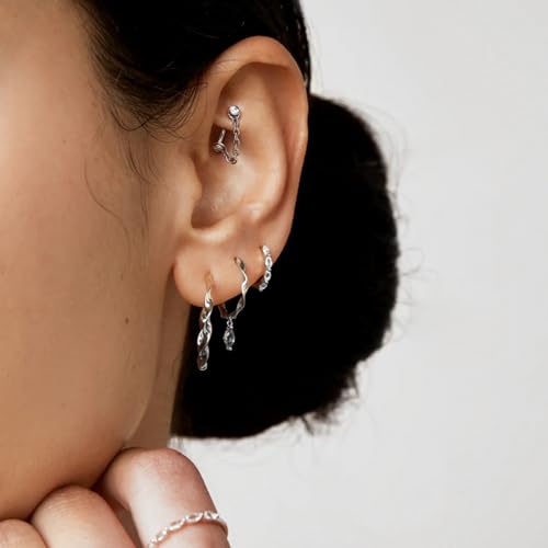 3 Pcs 316L Stainless Steel 16G Tragus Helix Rook Piercing Jewelry with Chain, Cartilage Earrings for Women, Belly Button Ring Vertical Labret Lip Piercing Jewelry - color: Silver, size: Full Setting