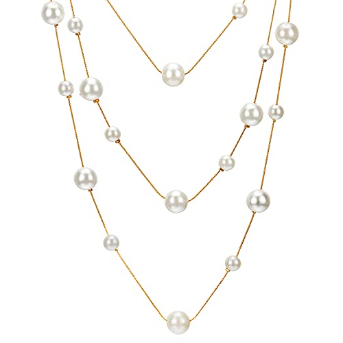 Statement Necklace Three-Strand Long Chains with Synthetic Pearl Beads, Elegant, Dress - color: A-Beads Color: White