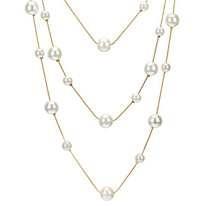 Statement Necklace Three-Strand Long Chains with Synthetic Pearl Beads, Elegant, Dress - color: A-Beads Color: White