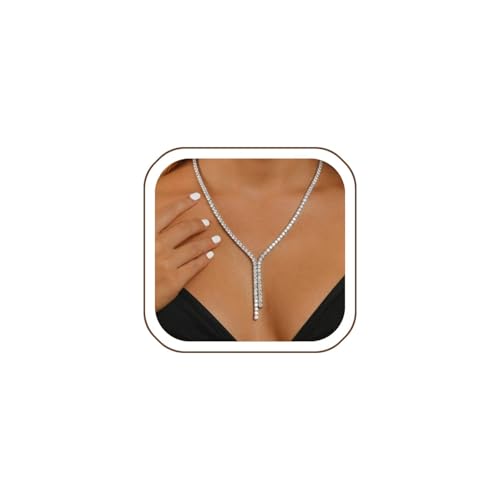 STONEFANS Long Tennis Necklaces for Women - Dainty Silver Lariat Necklace Rhinestone Y Shaped Drop Necklace Cute Choker Necklaces for Women Trendy Silver Prom Jewelry Gifts - color: Square -Silver