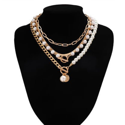 Gold Layered Paperclip OT Buckle Pearl Necklaces for Women Dainty, Vintage MultiLayer Coin Pearls Pendant Snake Chain Choker Necklaces Trendy Jewelry Gift