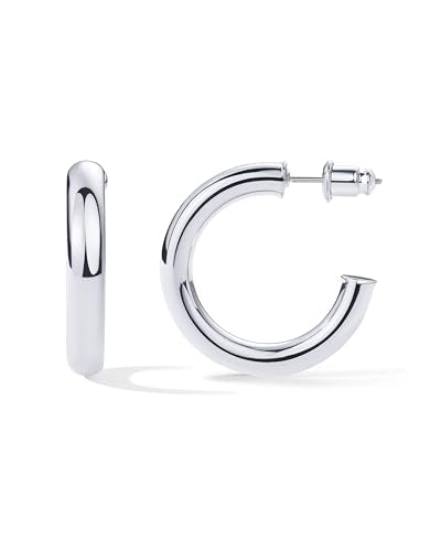 PAVOI Chunky Gold Hoop Earrings for Women, Lightweight 14K Gold Plated | Gold Hoops, Gold Plated Earrings, Womens Earrings, 14K Gold Hoop Earrings - color: White Gold, size: 30 MM