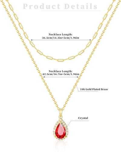 Gold Layered Necklaces for Women, 18k Gold Plated Crystal Necklace Paperclip Choker Emerald Green Jewelry for Women Gifts - color: Red Water Drop