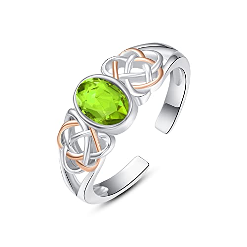 PRAYMOS 925 Sterling Silver Ring Birthstone Ring Turquoise Moss White Opal Ring for Women Celtic Knot Open Adjustable Thrumb Ring - color: Green Peridot