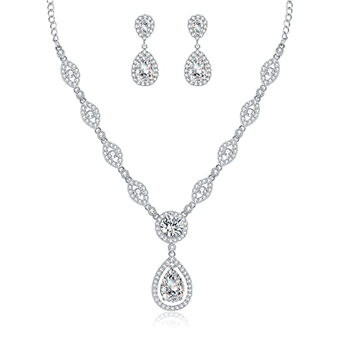 GULICX AAA Cubic Zirconia CZ Silver Plated Base Women's Party Jewelry Set Earrings Pendant Necklace - color: White gold plated