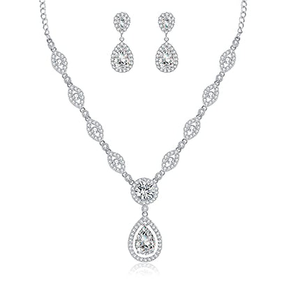 GULICX AAA Cubic Zirconia CZ Silver Plated Base Women's Party Jewelry Set Earrings Pendant Necklace - color: White gold plated