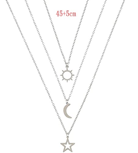 COLORFUL BLING Stainless Steel Sun and Moon Star Necklace 3 Best Friend Friendship Sister Set for Women Mom Daughter BFF Jewelry Gifts - color: white