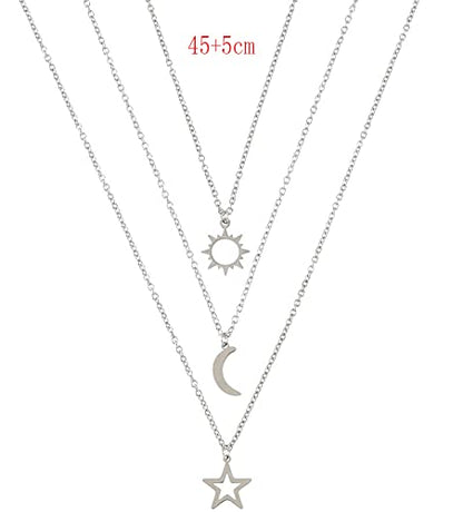 COLORFUL BLING Stainless Steel Sun and Moon Star Necklace 3 Best Friend Friendship Sister Set for Women Mom Daughter BFF Jewelry Gifts - color: white