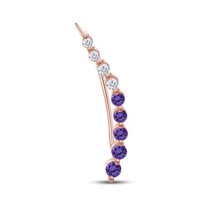 Floating Curved Bar One Piece Left Ear Crawler Earrings With Birthstone | White CZ In 14K Yellow Gold Over Sterling Silver - color: Simulated Amethyst