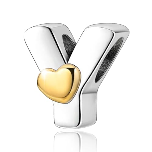 Two-Tone Gold Heart S925 Silver Letter Charm Fits Pandora Bracelet Necklace | Initial Bead Two-Tone Gold Heart, DIY European Bracelet Accessory, Gift for Ladies Birthday Anniversary Valentine - style: Y