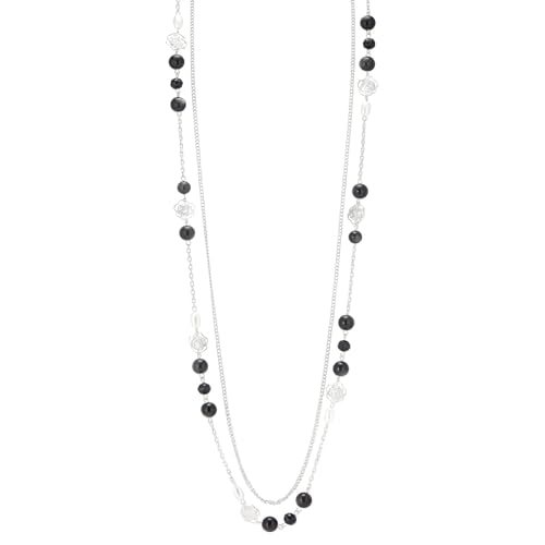 FULU AUTUMN Long Layered Silver Necklaces for Women - Natural Stone and Dainty Flower Beaded Sweater Chain Fashion Jewelry Gifts - color: Black