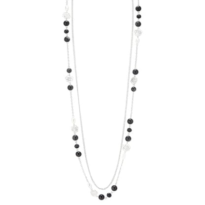 FULU AUTUMN Long Layered Silver Necklaces for Women - Natural Stone and Dainty Flower Beaded Sweater Chain Fashion Jewelry Gifts - color: Black