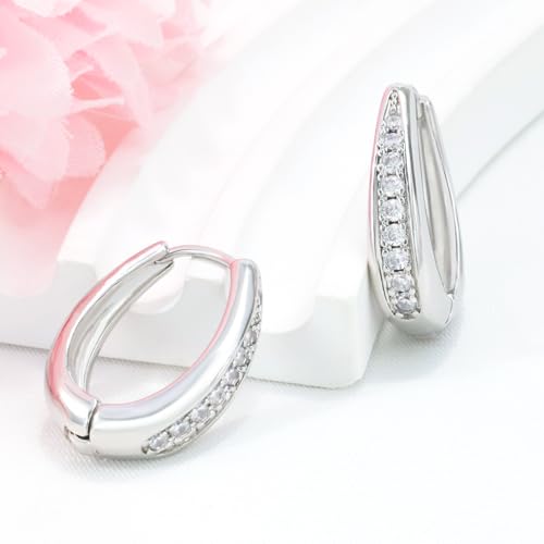 Hoop Earrings for Women Chunky Huggie Hoop Earrings Gold Sterling Silver Cz Oval Hoop Earrings Lightweight Chunky Thick Hoops Dainty Hypoallergenic Jewelry for Mom Wife Birthday Party Gifts - color: Silver
