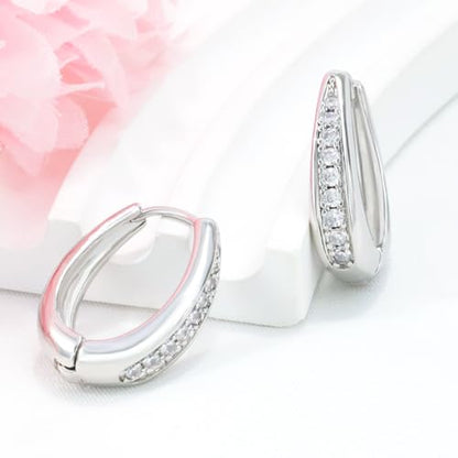 Hoop Earrings for Women Chunky Huggie Hoop Earrings Gold Sterling Silver Cz Oval Hoop Earrings Lightweight Chunky Thick Hoops Dainty Hypoallergenic Jewelry for Mom Wife Birthday Party Gifts - color: Silver