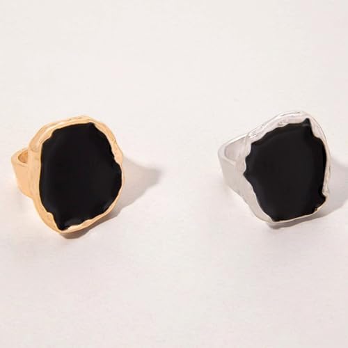 Statement Big Chunky Gold Black Two-tone Enamel Drip Ring Earrings Set for Women, Retro Large CZ Crystal Cocktail Rings Earring Geometric Jewelry Gift - color: Gold Silver-2Pcs