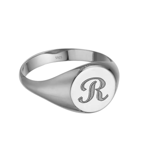 925 Sterling Silver Custom Initial Signet Ring Personalized Round Engraved Pinky Rings - color: Silver