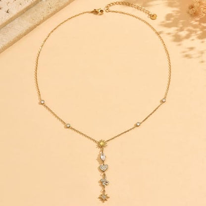 Lariat Necklaces for Women 18K Gold Plated Cubic Zirconia Heart Necklaces Dainty Star Lightning Sun and Moon Necklace Trendy Y Shaped Drop Diamond Necklace - color: Sun Heart Snake Star Y Necklace-Gold