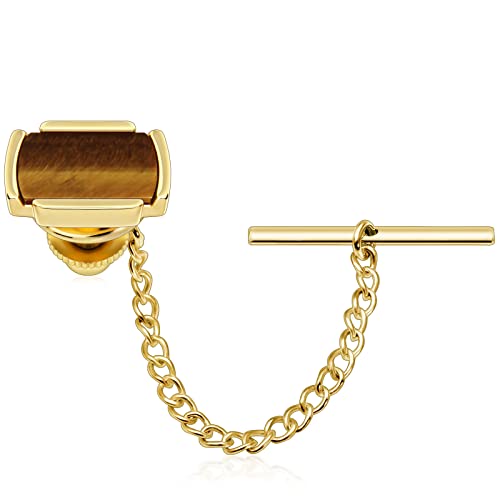 HAWSON Tie Pins Tie Tacks for Men with Chain, Mens Jewelry or Accessories for Wedding Birthday Anniversary Christmas Valentine's Day - color: Gold + Tiger Eye