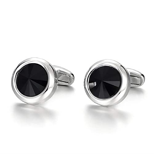 Mens Cufflinks Elegant Style Cuff Link Super Shiny Navy Blue Crystal Circular Cufflinks with Gift Box - color: Black